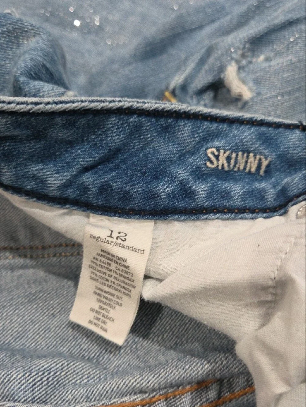 American Eagle Glitter Dustressed Light Blue Skinny Jeans Size 12 - Picture 3 of 5